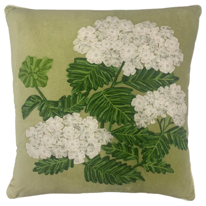 Hydrangeas on Woodlands Green Velvet cushion