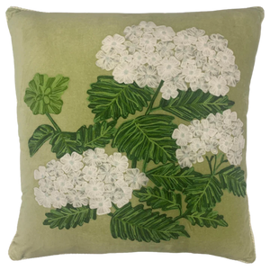 Hydrangeas on Woodlands Green Velvet cushion