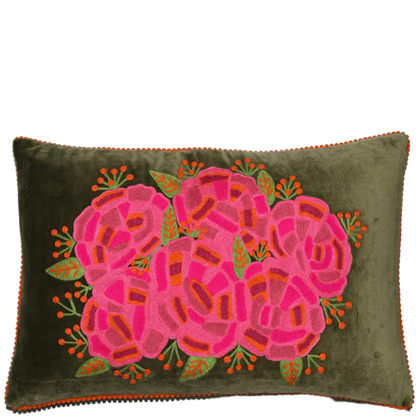 Rananculus on Green Velvet cushion