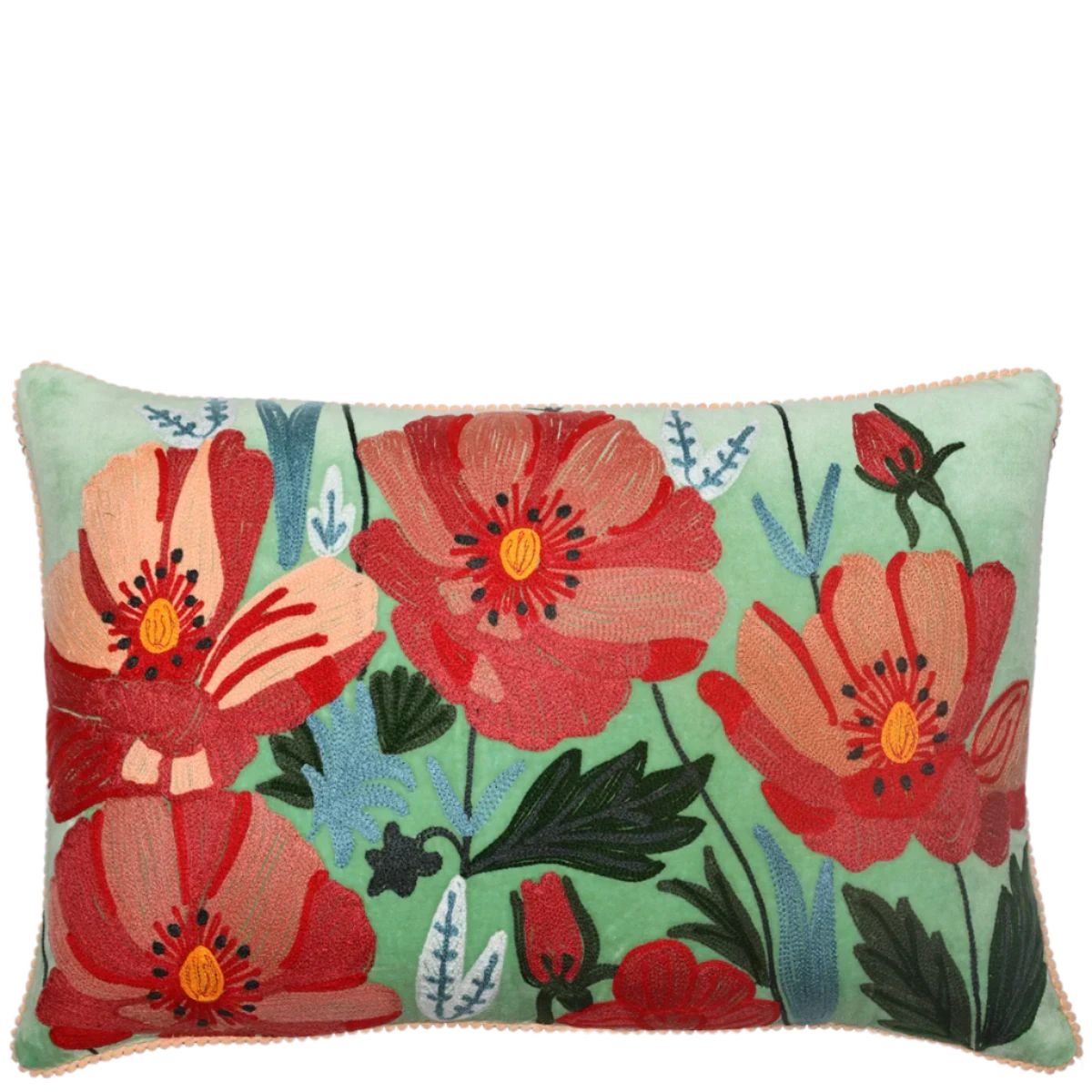 Poppies on Aqua Velvet embroidered cushion