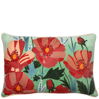 Poppies on Aqua Velvet embroidered cushion