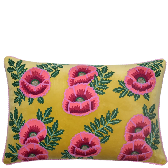 Camelia on Yellow Velvet cushion