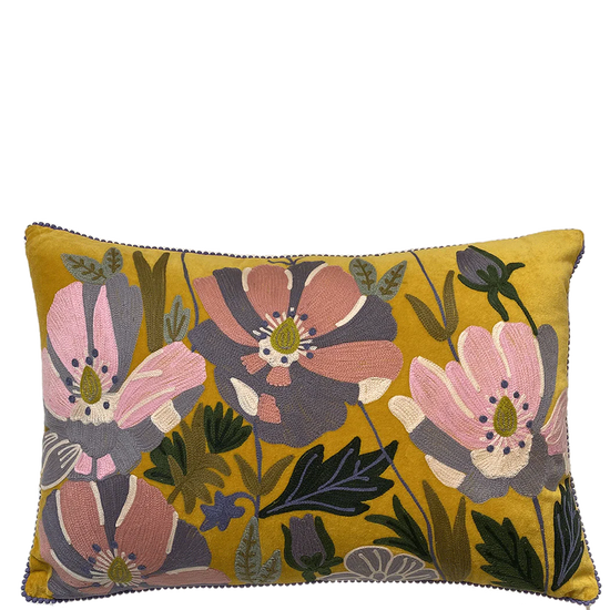 Wildflowers on Mustard Velvet Embroidered Cushion