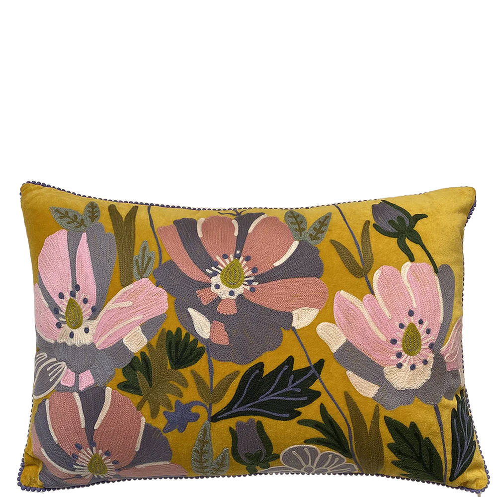 Wildflowers on Mustard Velvet Embroidered Cushion