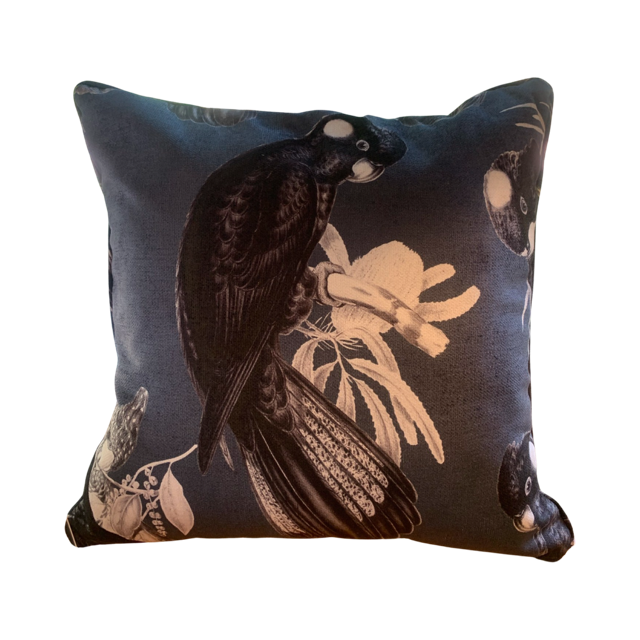 Black Cockatoo on indigo cushion cover PRE ORDER