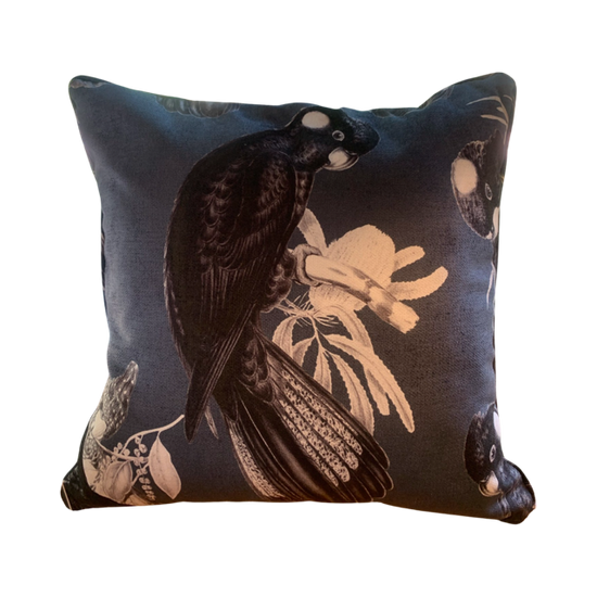 Black Cockatoo on indigo cushion cover PRE ORDER
