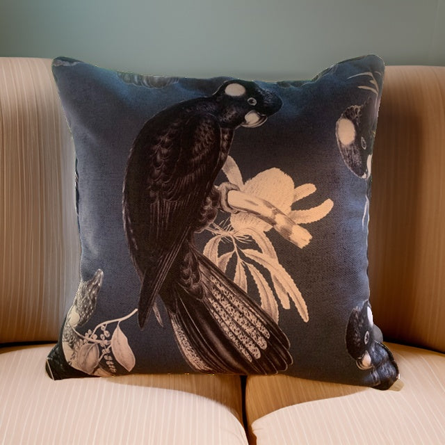 Black Cockatoo on indigo cushion cover