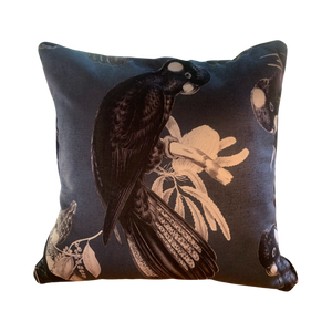 Black Cockatoo on indigo cushion cover