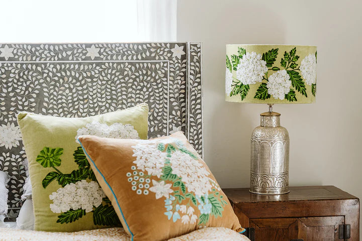 Hydrangeas on Caramel Velvet cushion