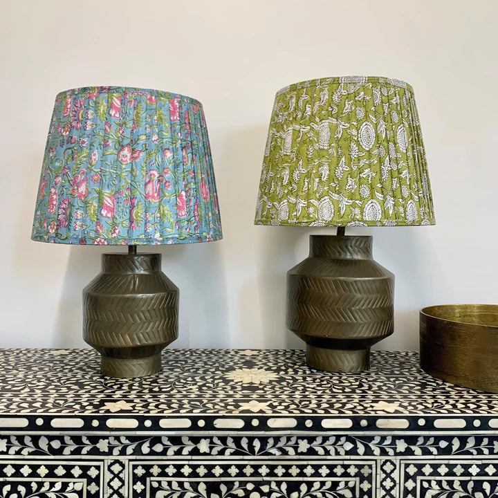 Pleated block print lampshade in green