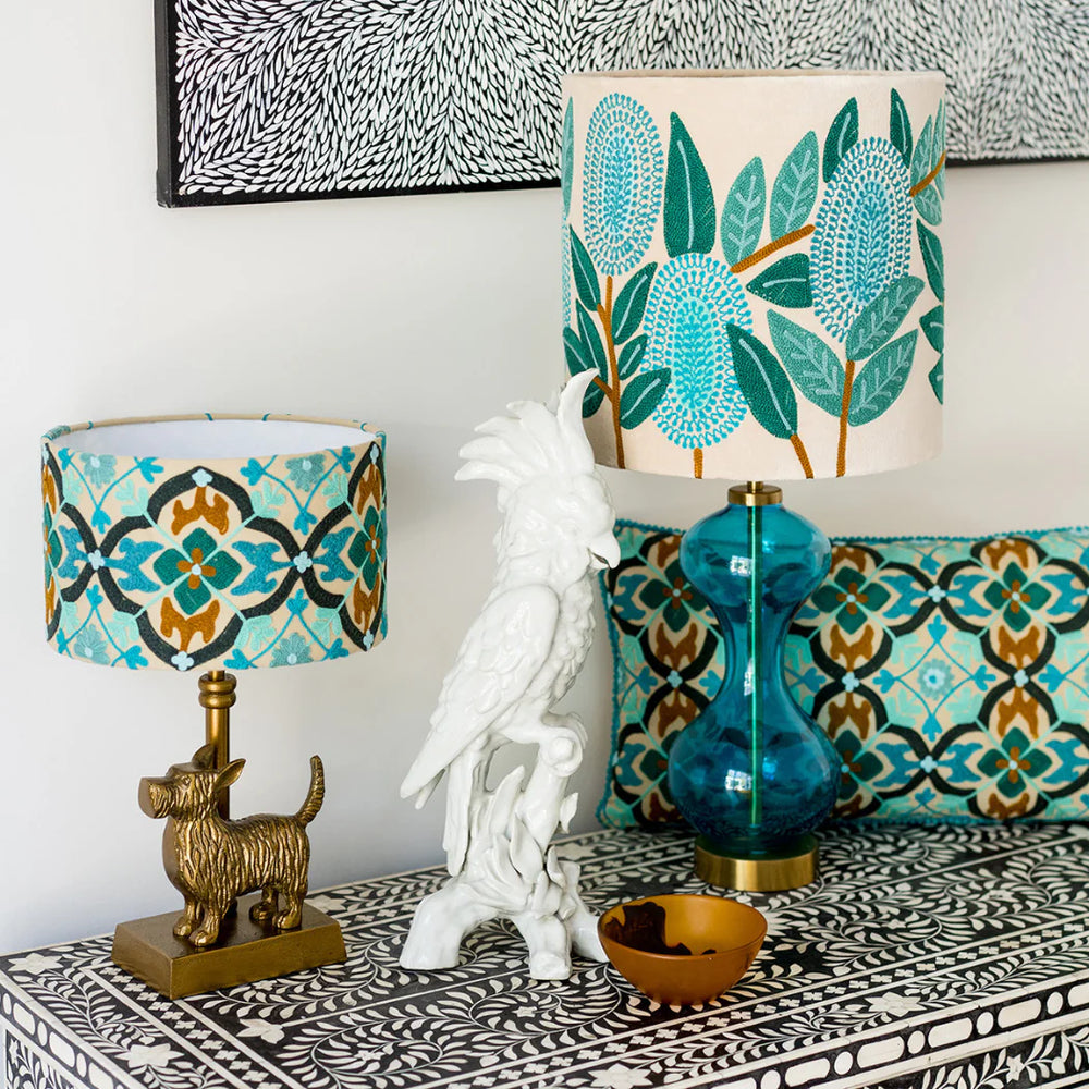 Banksia in Turquoise on Velvet Lampshade