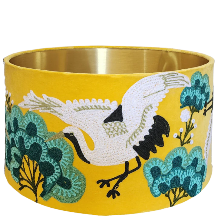 Embroidered Japanese Crane on Yellow Velvet Lampshade