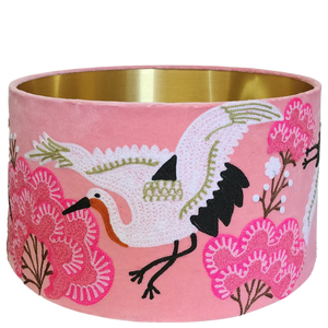 Embroidered Japanese Crane on Pink Velvet Lampshade