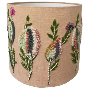 Hand Embroidered Vintage Fabrics on Pink Linen