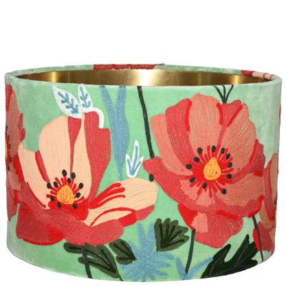 Poppies on Aqua Velvet embroidered cushion