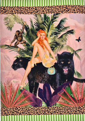 Jungle Walk Pink Retro Glamour Linen Tea Towel