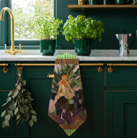 Jungle Walk Pink Retro Glamour Linen Tea Towel