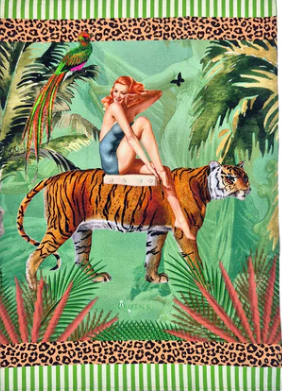 Jungle Walk Green Retro Glamour Linen Tea Towel