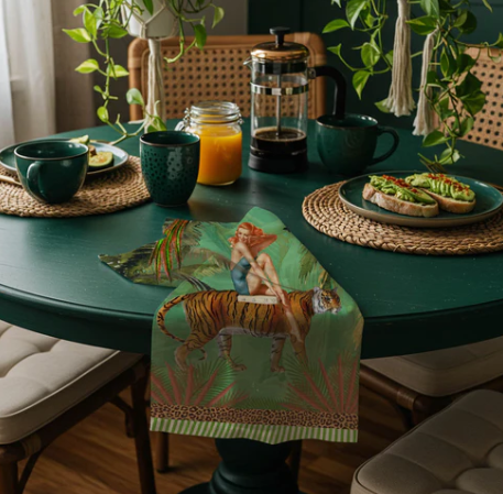 Jungle Walk Green Retro Glamour Linen Tea Towel