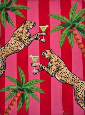 Cocktail Cheetahs PInk and Red 100% Linen Tea Towel