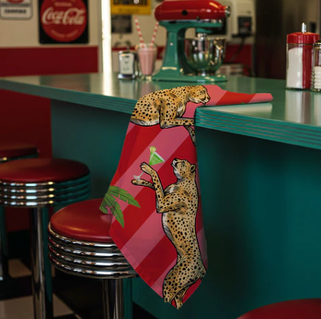 Cocktail Cheetahs PInk and Red 100% Linen Tea Towel
