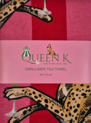 Cocktail Cheetahs PInk and Red 100% Linen Tea Towel