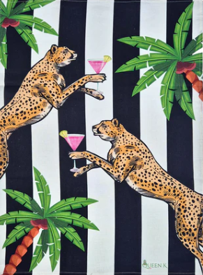 Cocktail Cheetahs Black and White 100% Linen Tea Towel