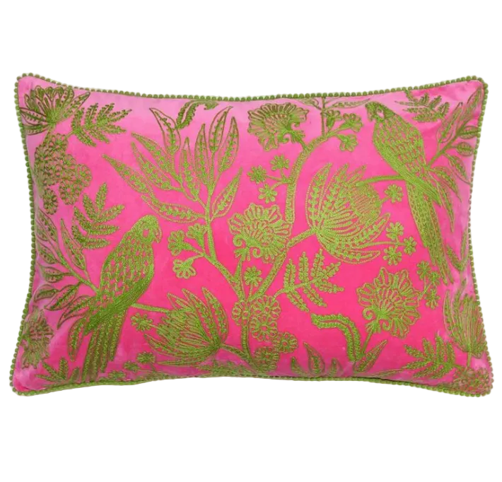 Jungle Bird Green on Pink Velvet Cushion