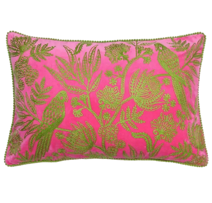 Jungle Bird Green on Pink Velvet Cushion