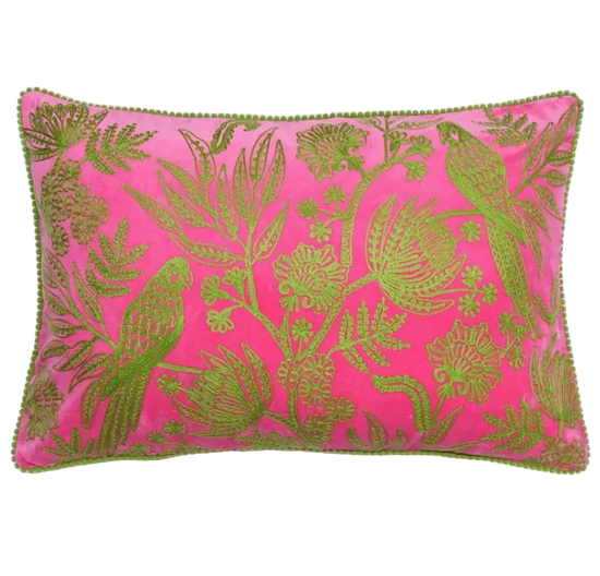 Jungle Bird Green on Pink Velvet Cushion