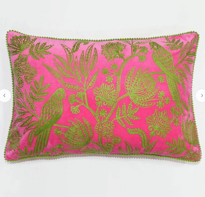 Jungle Birds Lime on Fuschia Velvet lampshade