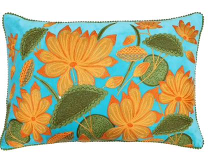 Sunflower on Blue Velvet Embroidered Cushion