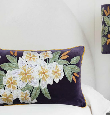 Frangipani on plum Embroidered Cushion