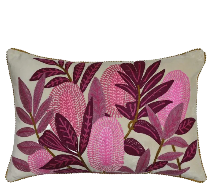 Pink Banksia on Velvet Embroidered Cushion