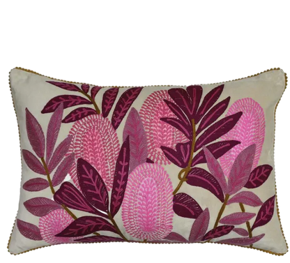 Pink Banksia on Velvet Embroidered Cushion