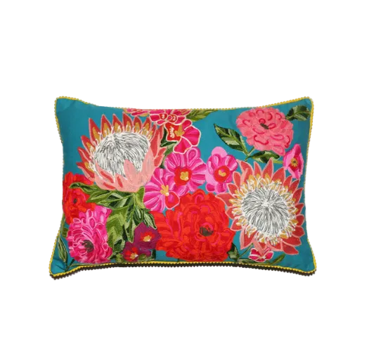 Tropical on Teal Embroidered cushion