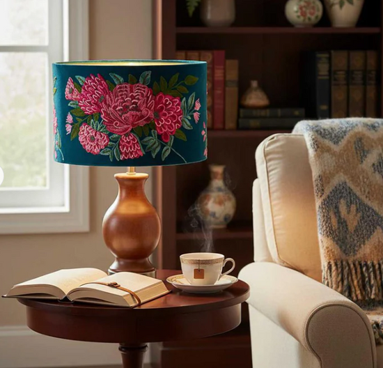 Peonies on Teal Lampshade large