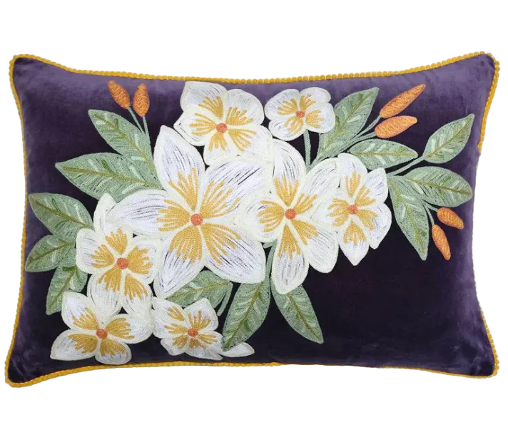Frangipani on plum Embroidered Cushion