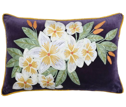 Frangipani on plum Embroidered Cushion
