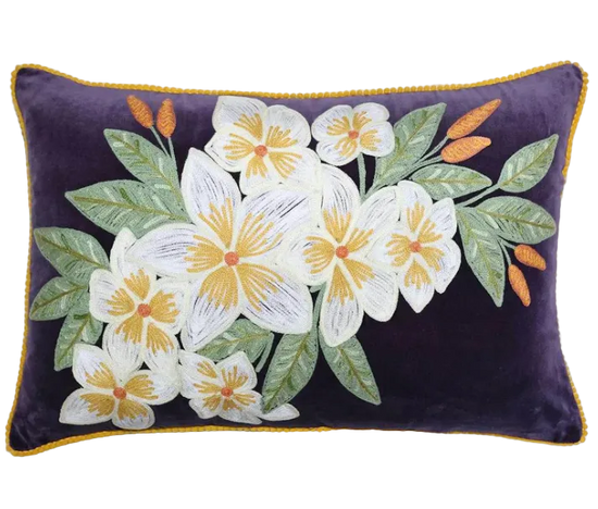 Frangipani on plum Embroidered Cushion