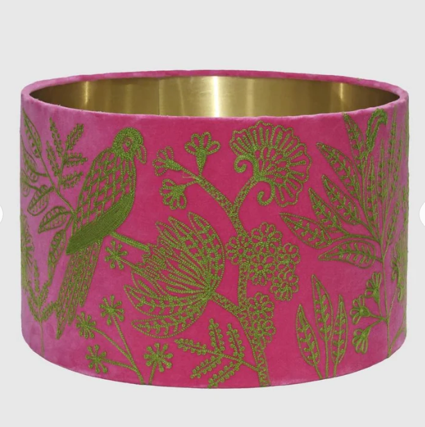 Jungle Birds Lime on Fuschia Velvet lampshade
