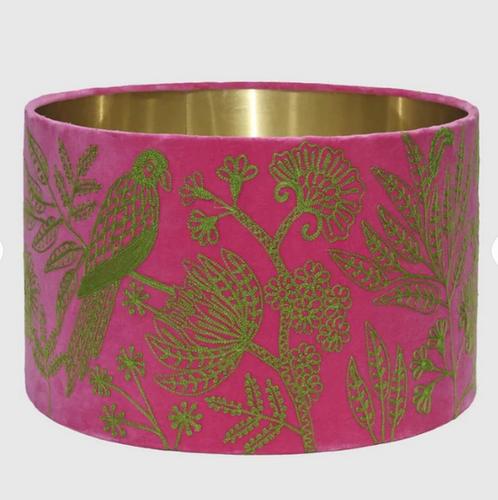 Jungle Birds Lime on Fuschia Velvet lampshade