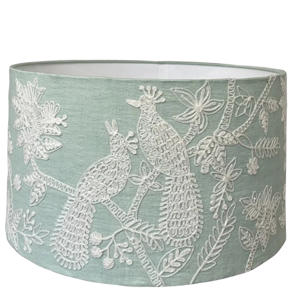 Embroidered Peacocks on Pale Mint Linen