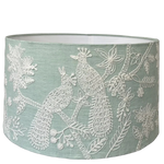 Embroidered Peacocks on Pale Mint Linen