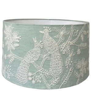 Embroidered Peacocks on Pale Mint Linen