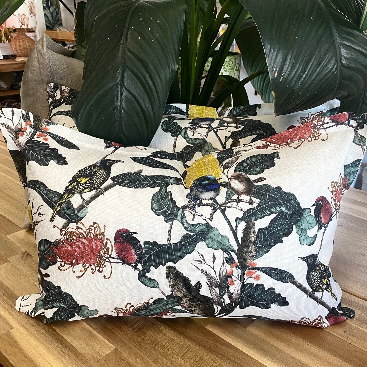 Wrens and Banksia Lumbar cushion cover PRE ORDER