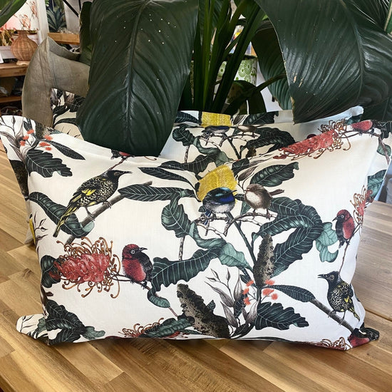 Wrens and Banksia Lumbar cushion cover PRE ORDER