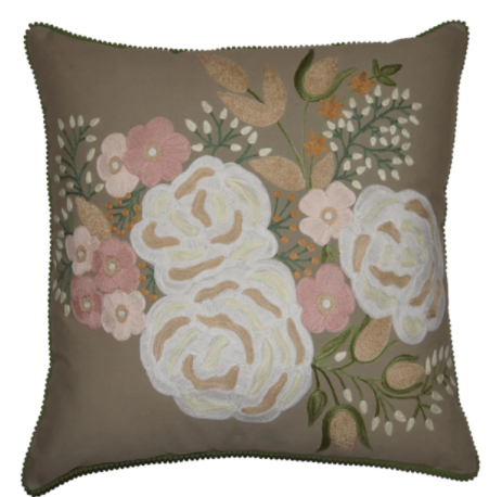 Taupe blooms linen embroidered cushion
