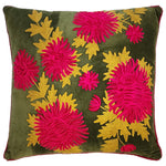 Chrysanthemum velvet embroidered cushion in Olive/Fushia