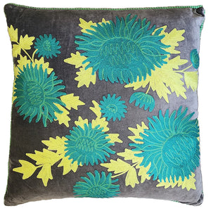 Chrysanthemum velvet embroidered cushion in Grey/Teal